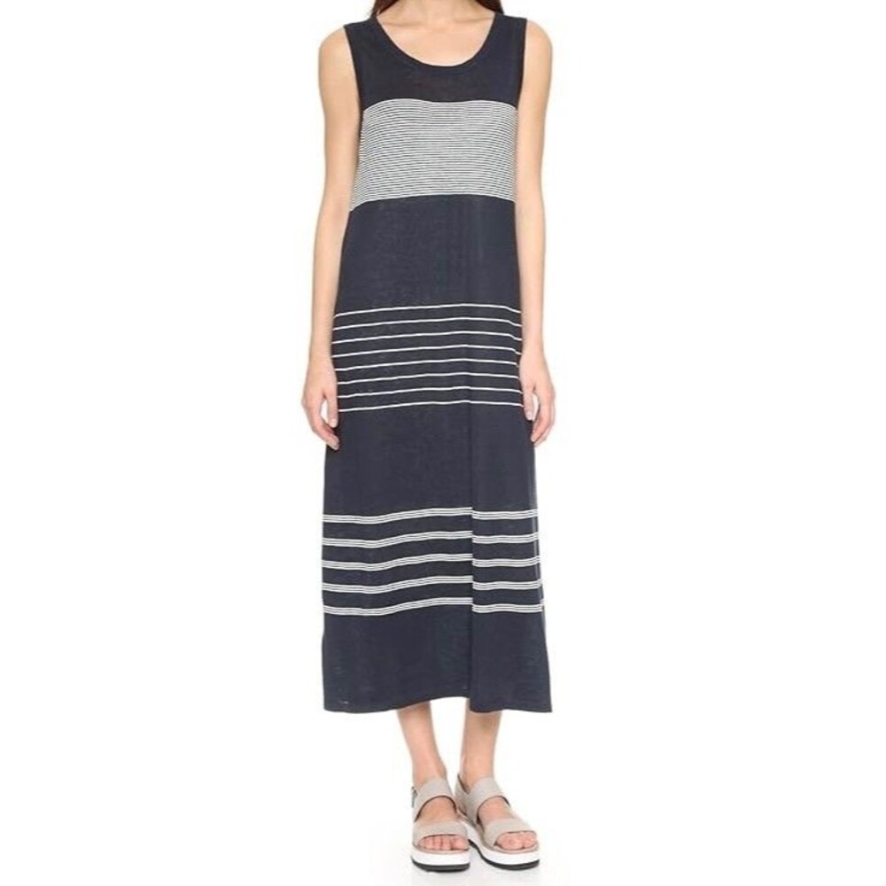 Vince 100% Linen Tank Dress in Navy Blue with White Stripes Pullover Coastal, S